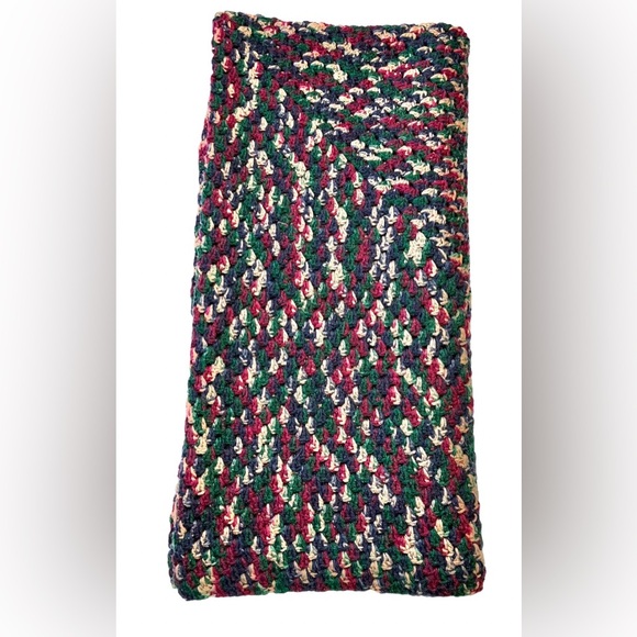 Vintage Afghan Throw Knitted Blanket 60" x 60" Full Dark Blue Green Burgundy - Picture 3 of 5